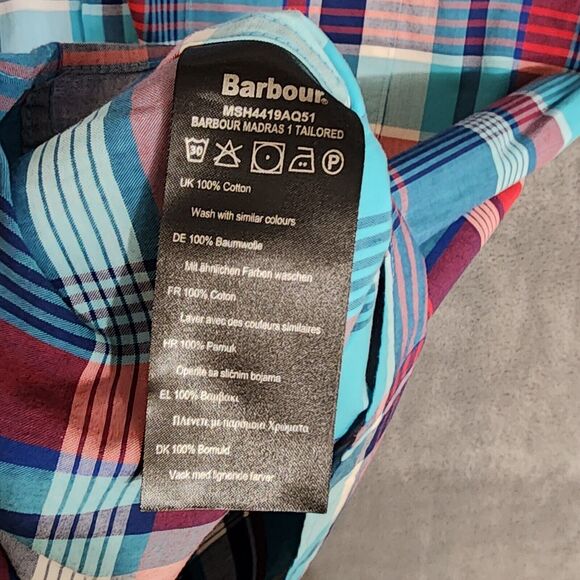 Barbour Button Up Shirt Mens 3XL Plaid Tailored Fit Blue Red Aqua - Picture 5 of 7